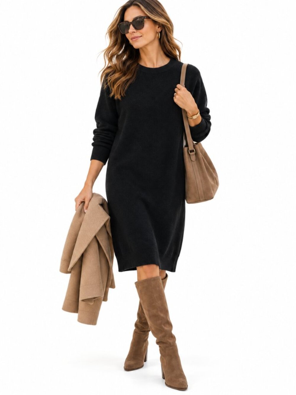 Saturn Sweater Dress Womens L Black Ribbed Knit Midi Minimalist Cozy Vintage